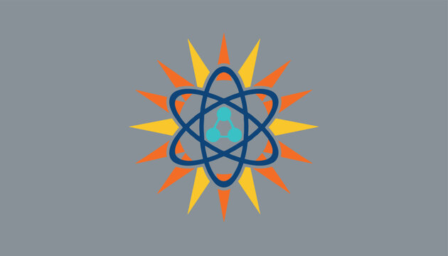 Creative atomic solar energy logo merging sharp sun rays with orbit lines and molecule particles in the center.