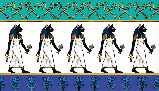 Egyptian-style stripe ornament with walking goddess Bastet
