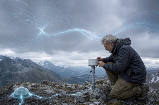 Geophysicist checking mountain magnetometer station