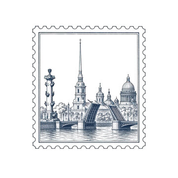 Postage stamp with Saint Petersburg landmarks on transparent background. Drawbridge, Peter and Paul fortress spire, Rostral column and cathedral dome. Travel and city sightseeing engraving concept