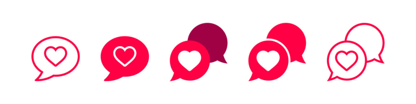 Heart Like Speech Bubble Icons : Set of eight heart like notification icons in chat bubble frames. for social media, comments, reactions, favorites, messages, and engagement design.	