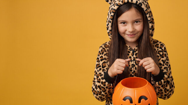 Smiling Girl Wearing a Leopard Animal Halloween Costume with Hood Holding an Empty Jack-o-Lantern Pumpkin Candy Bucket for Trick-or-Treating on an Orange Studio Background