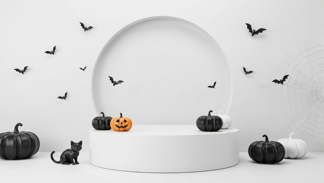 Minimalist Halloween product display podium with pumpkins and black cat isolated on white background