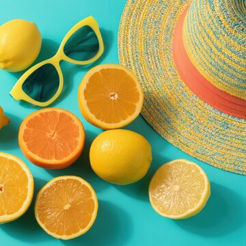 Summer fruit and accessories on turquoise background
