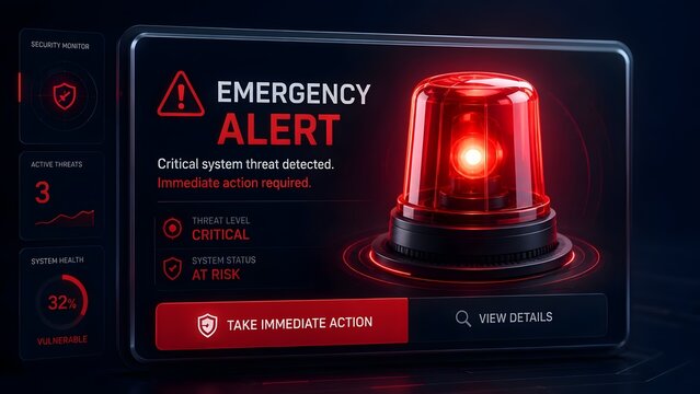 Cyber security system dashboard showing critical threat alert with glowing red siren representing digital network breach