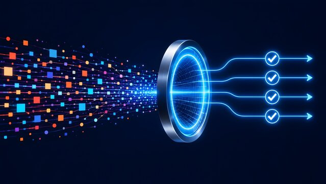 Digital network funnel extracting glowing blue particle stream into synchronized checkmark lines representing high speed data organization