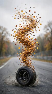 Autumn Leaves Spiraling From Racing Tire on Road