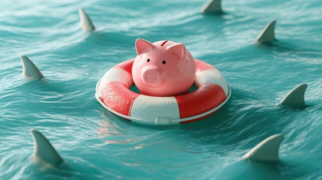 Piggy bank on life preserver surrounded by shark fins in choppy water