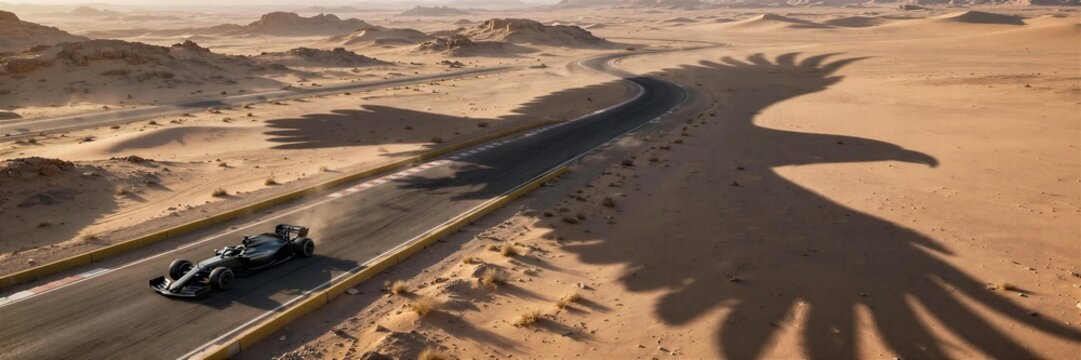 Formula Race Car Crossing Desert Road With Shadow