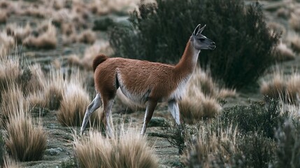 Fototapeta premium A brown llama stands alert in a grassy field with shrubs and soft natural lighting creating a serene outdoor scene