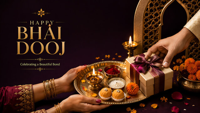 Happy bhai dooj celebration scene with hands holding puja thali and exchanging a gift box
