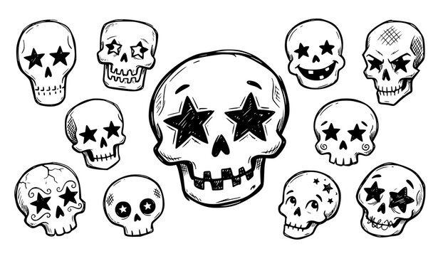 Set of hand drawn doodle skulls with star shaped eyes isolated on a white background