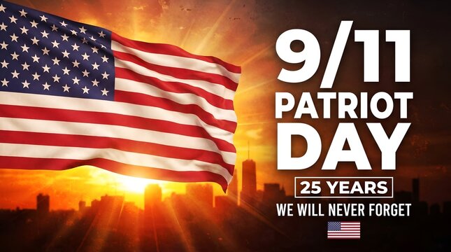 Patriot day memorial banner with american flag sunset background and text we will never forget 9 11 tribute 