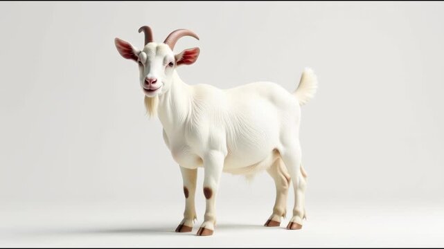 A white goat with long horns standing on a white surface