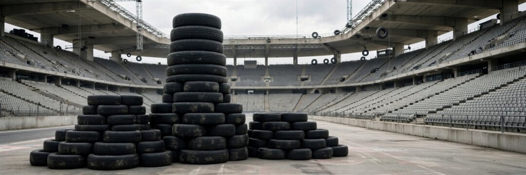 Stacked Racing Tires in Empty Stadium