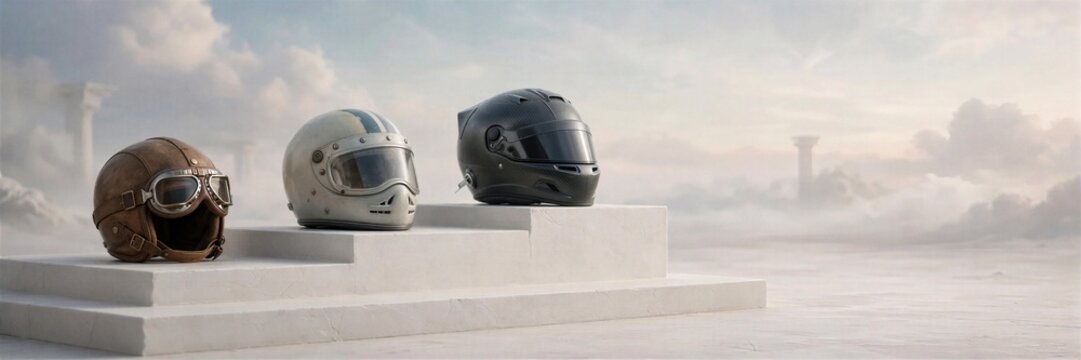 Vintage Racing Helmets Displayed on White Pedestal