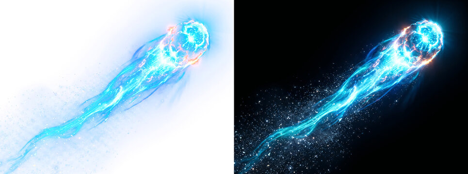 Glowing blue fireball trail, magical energy comet, cinematic light effect on black and white
