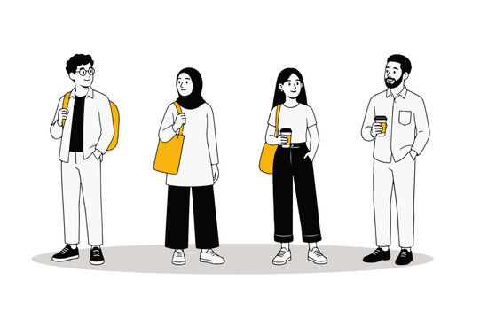 Diverse Group of People Standing Together Holding Bags and Coffee Cups