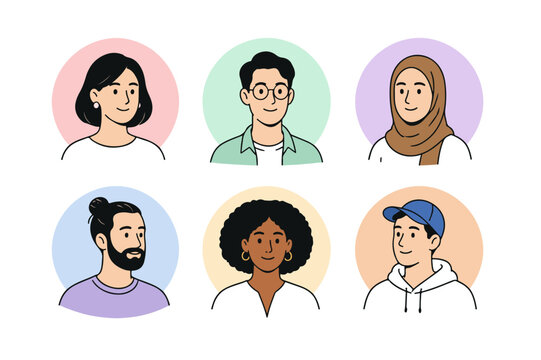 Diverse character set with six unique avatars including man and woman faces in circular frames