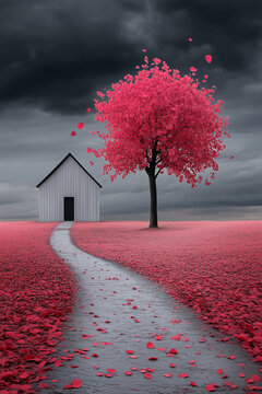 Surreal landscape with bright pink tree dropping petals along path to minimalist white house. Dramatic dark cloudy sky, contrast red foliage concept art.
