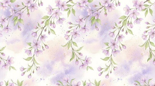 Seamless pattern with blooming purple cherry blossoms on watercolor wash background style.
