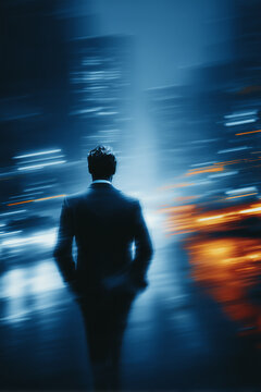 Businessman walking through fast-paced city street with motion blur light trails. Corporate ambition, urban life, career success and future vision concept art.