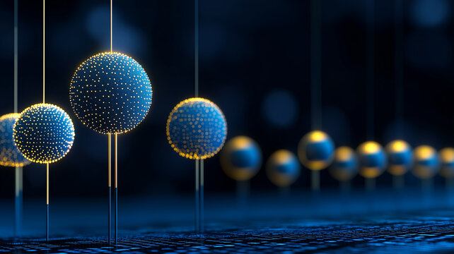 Glowing blue and gold spherical light bulbs hanging on dark blue background. Modern abstract technology, luxury bokeh banner, artificial intelligence concept