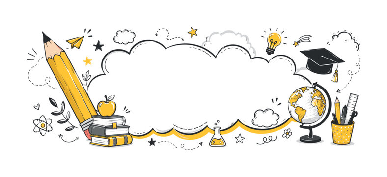Doodle style banner with school supplies and educational symbols for learning