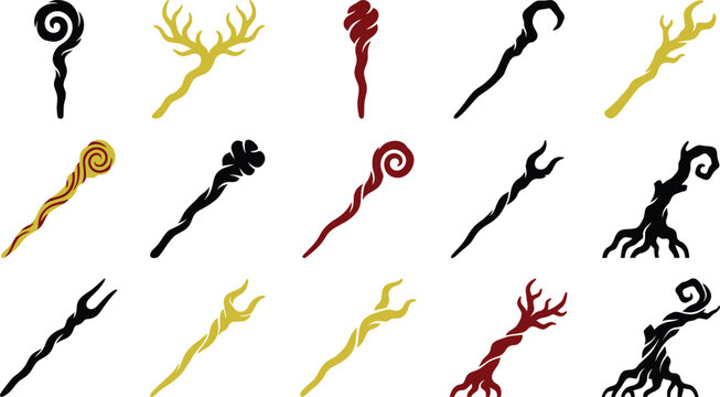 Fantasy magic staff icons, 15 mystical wizard wands set, ancient druid scepter vectors for game design and rpg assets