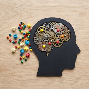 Conceptual human head silhouette filled with brass clockwork gears and colorful spheres.