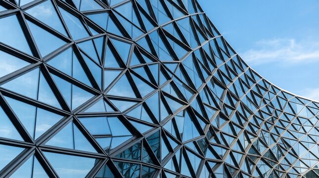 Geometric wireframe sphere with metallic texture against blue sky