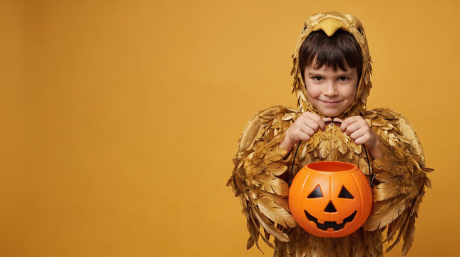 Smiling Girl Wearing a Golden Eagle Halloween Costume with Brown Feathers and Large Eagle Wings Holding an Empty Jack-o-Lantern Candy Bucket on an Orange Background