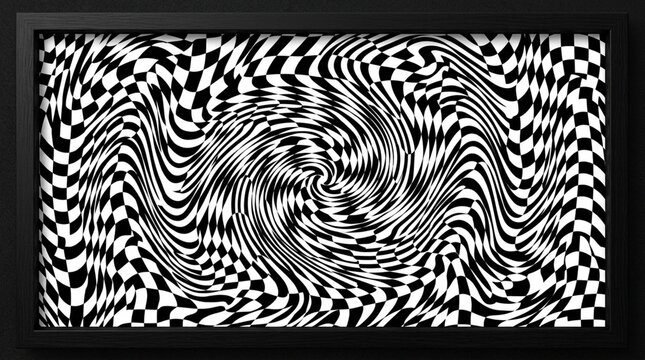 Black Framed Psychedelic Wavy Checkerboard Optical Illusion Wall Art Mockup