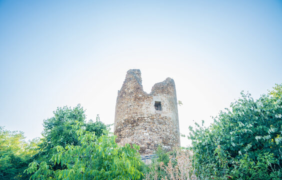 Weathered Vrdnicka Kula stone tower ruin surrounded by dense green foliage beneath a spacious bright blue sky in Fruska Gora, Serbia