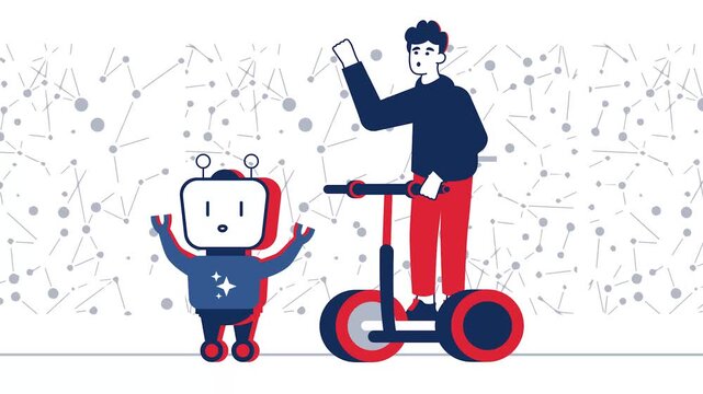 ai companion for smart urban mobility animation, human and robot traveling together animated video, artificial intelligence supporting daily transportation clip, innovation in electric scooter motion