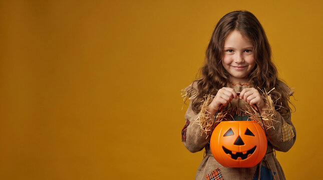Smiling Girl Wearing a Scarecrow Halloween Costume with Straw Outfit and Harvest Hat Holding an Empty Jack-o-Lantern Candy Bucket on an Orange Background