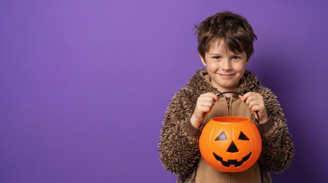 Smiling Boy Wearing a Cute Hedgehog Halloween Costume with Brown Fur and Spiky Hood Holding an Empty Jack-o-Lantern Candy Bucket on a Vibrant Purple Background
