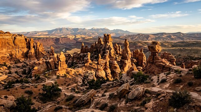 Arid desert landscape with rugged sandstone formations at sunrise