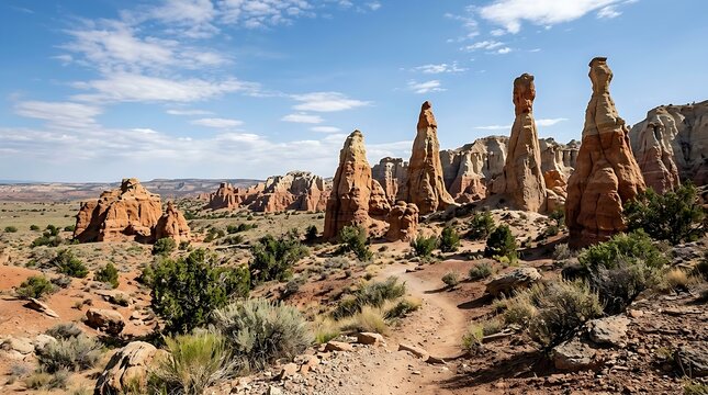 Arid desert landscape with sandstone hoodoos under a bright blue sky