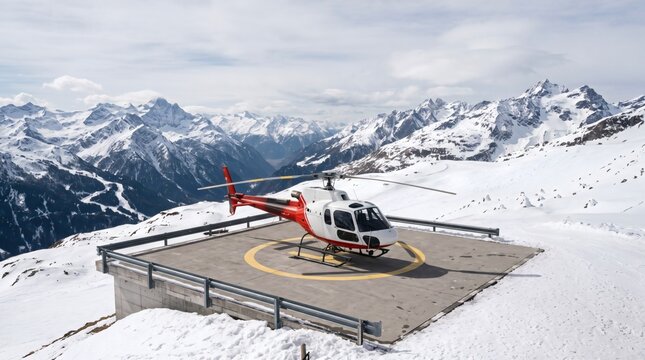 Helicopter on a helipad in a snowy mountain landscape with vast snow covered peaks and blue sky