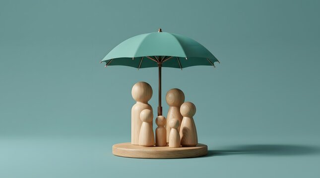 Wooden family figurines stand united under teal umbrella offering symbolic protection.