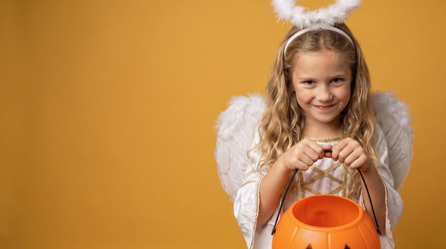 Smiling Girl Wearing an Angel Halloween Costume with White Dress, Halo and Feathered Wings Holding an Empty Jack-o-Lantern Candy Bucket on an Orange Background