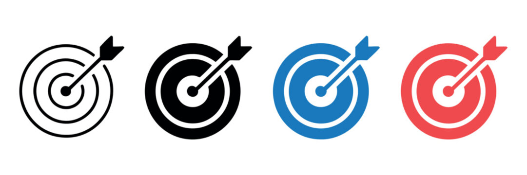 Target with arrow icon set, dartboard symbols for business goal achievement, success strategy, and marketing objective, vector illustration.