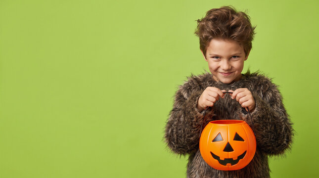 Smiling Boy Wearing a Furry Monster Halloween Costume with Brown Fur and Creature Hood Holding an Empty Jack-o-Lantern Candy Bucket on a Lime Green Background