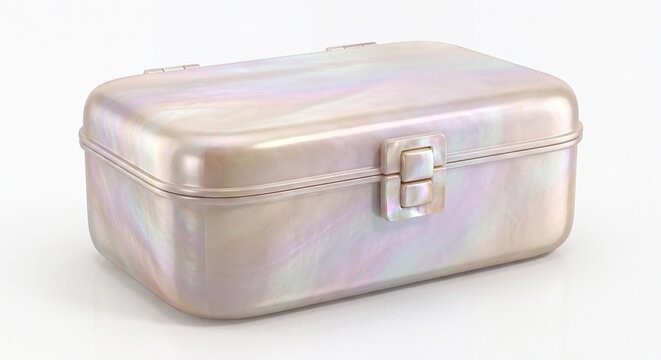 Elegant iridescent pearl finish rectangular storage box with a secure latch closure isolated on white background
