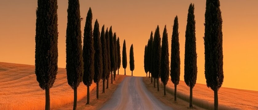 Row of cypress trees on rural road at sunset