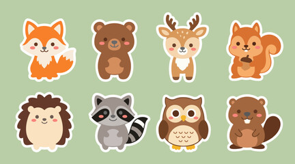 Obraz premium Adorable forest animal sticker collection featuring cute fox bear deer squirrel hedgehog raccoon owl and beaver