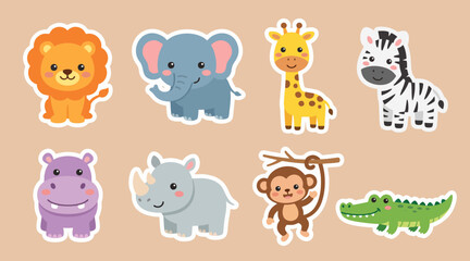 Fototapeta premium Cute colorful zoo animal sticker set featuring adorable flat vector illustrations on a neutral background