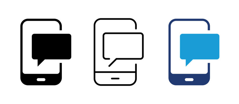 Smartphone message notification vector icon set. Mobile phone speech bubble, SMS chat, conversation, online communication, and feedback symbols in line art, solid black, and colored flat styles.