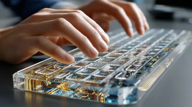 Transparent Keyboard: A close-up of hands typing on a transparent keyboard, revealing intricate circuitry and technological innovation beneath the keys.